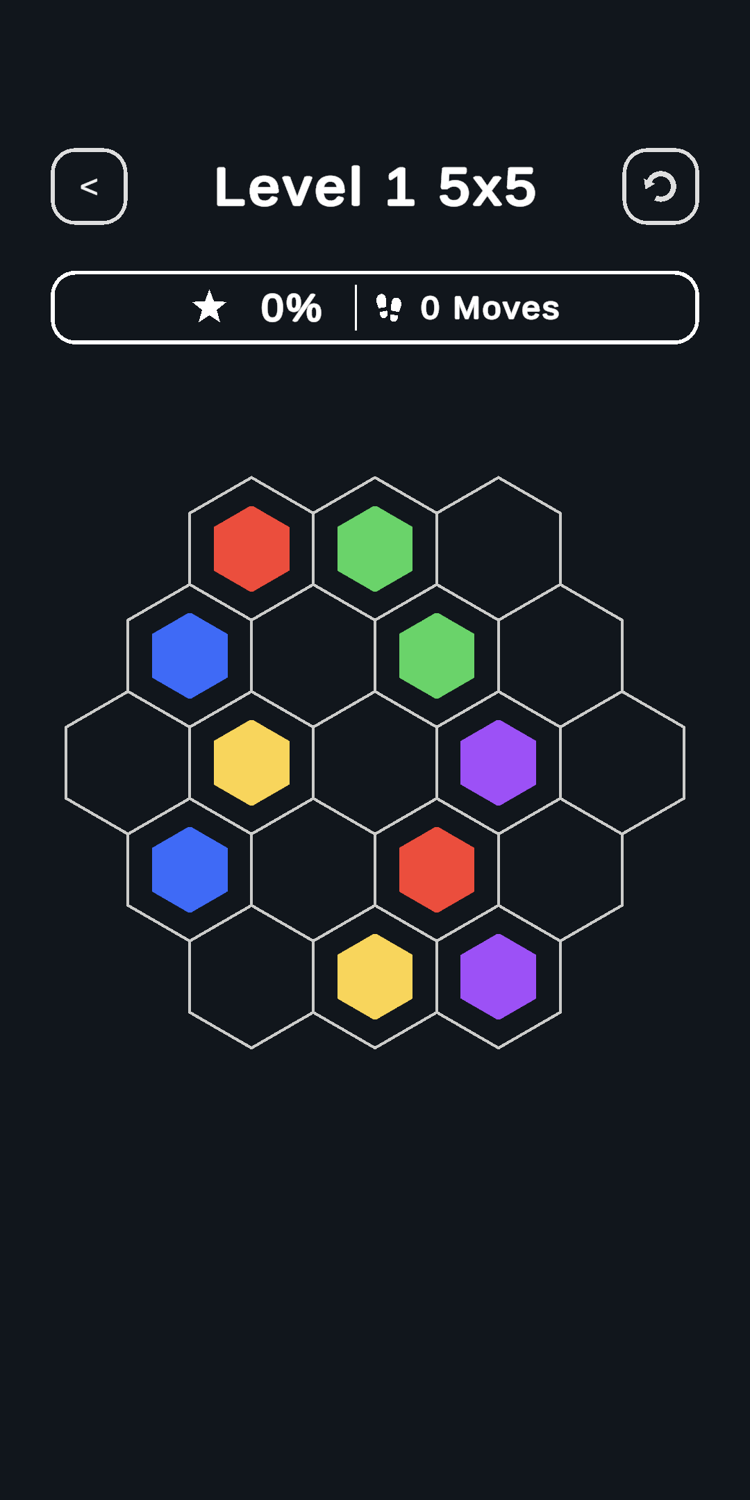 HexLink 5 by 5 gameplay board